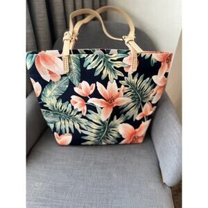 Hawaiian Floral Canvas Tote Bag Zipper Closure Hibiscus Flowers 💐